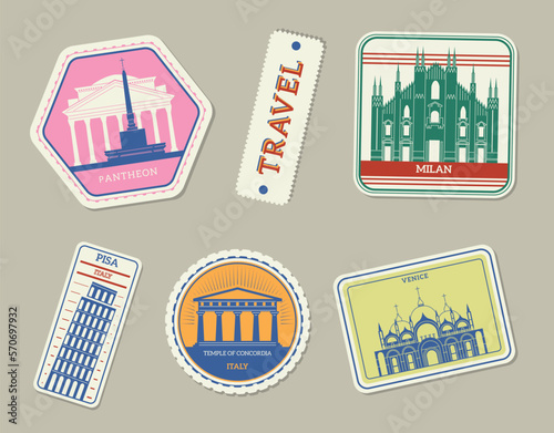 Travel stickers set with architectural monuments of Italy. Vector labels with grunge texture