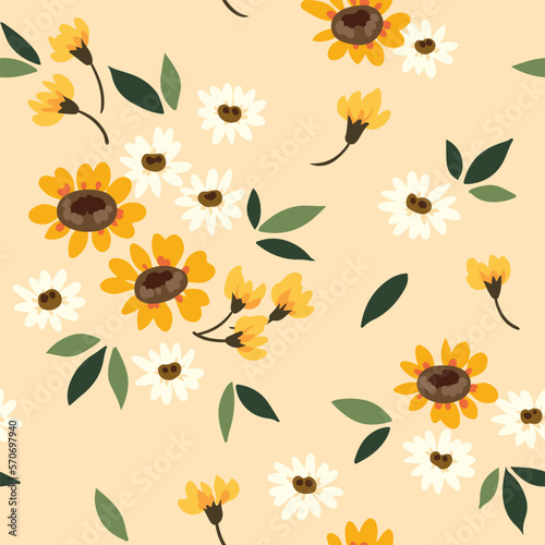 Seamless floral pattern, cute ditsy print with rustic motif. Pretty botanical design with small hand drawn flowers, sunflower, leaves on a light gentle background. Vector illustration.