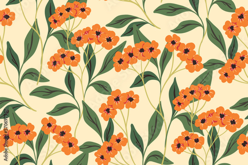 Seamless floral pattern with pretty garden in vintage style. Beautiful botanical print design with hand drawn blooming trees: small flowers, leaves, branches on a light background. Vector illustration © Yulya i Kot