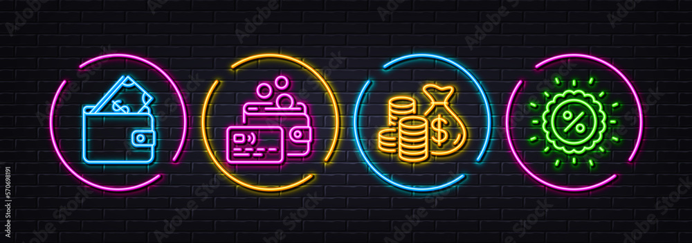 Wallet, Card and Coins bag minimal line icons. Neon laser 3d lights. Discount icons. For web, application, printing. Usd cash, Money wallet, Investment. Sale. Neon lights buttons. Vector