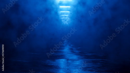 Fototapeta Naklejka Na Ścianę i Meble -  3D Futuristic Tunnel With Smoke, Concept World, Scene With A Corridor With Blue Fluorescent Lights. No People. 3D Abstract Background, Elements For Banners, Posters, Templates. Fashion Render Design.