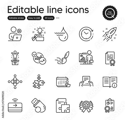 Set of Education outline icons. Contains icons as Technical info, Block diagram and Startup rocket elements. Statistics, Inclusion, Inspect web signs. Certificate diploma, Flash memory. Vector