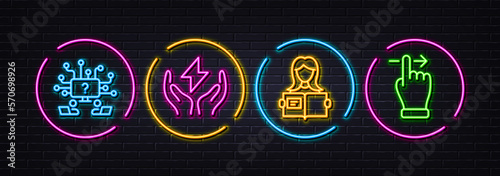 Safe energy, Woman read and Teamwork question minimal line icons. Neon laser 3d lights. Touchscreen gesture icons. For web, application, printing. Thunderbolt, Girl studying, Remote work. Vector