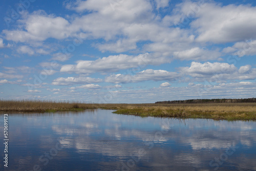 Spring landscape with blue sky and reflection of trees in the lake. Tourism and travel concept.