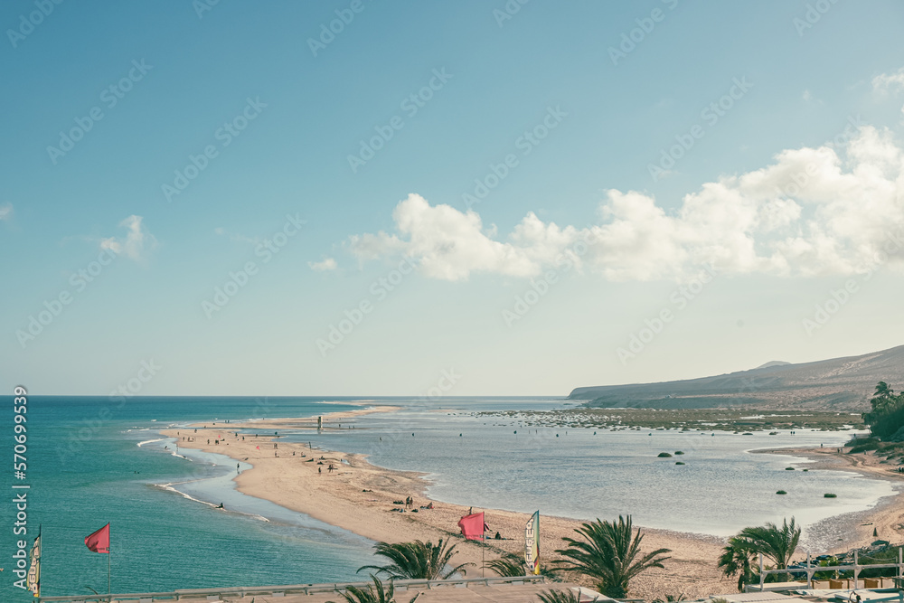 Fuerteventura Spain. September 16, 2022. Aerial view of the lagoon at Sotavento beach in Fuerteventura, Canary Islands, Spain