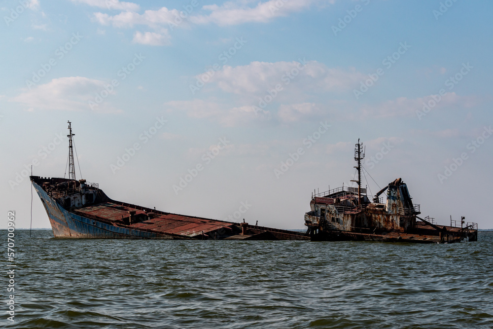 Rusted failed ship wreck in Black Sea nearby Sulina city.