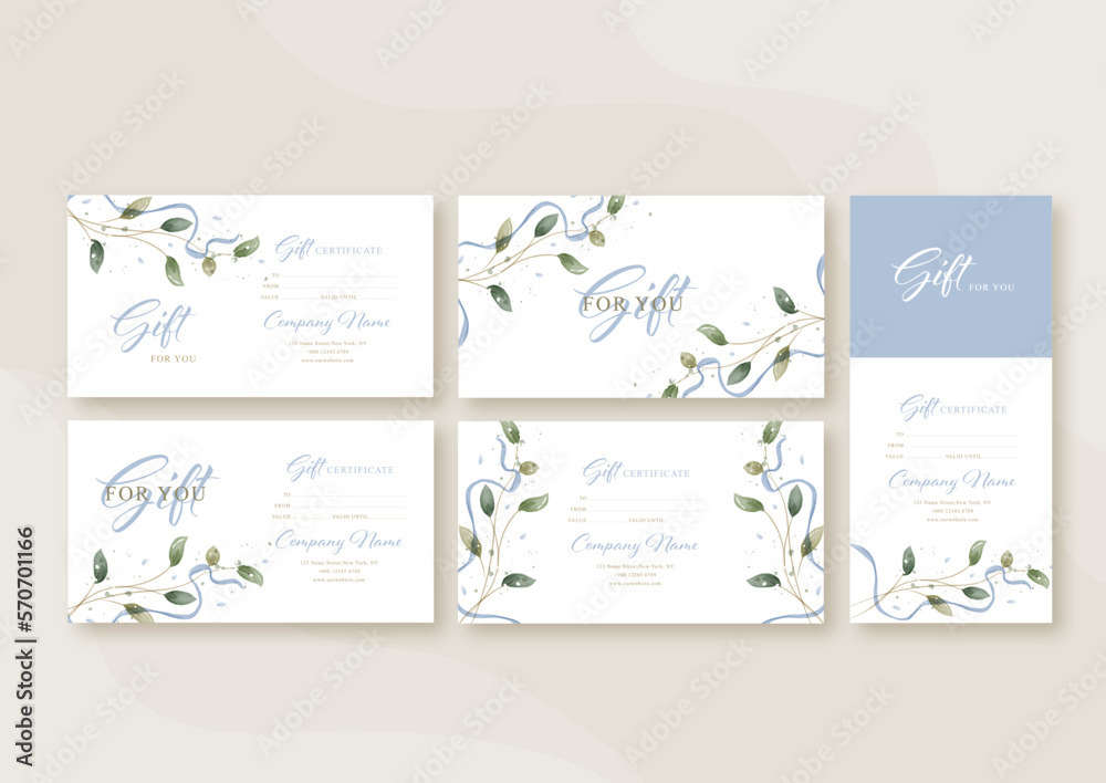 Gift voucher card template in rustic style, concept cover. Modern set discount coupon or certificate layout. Greenery Watercolor Floral Vector illustration.