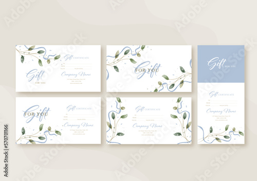 Gift voucher card template in rustic style, concept cover. Modern set discount coupon or certificate layout. Greenery Watercolor Floral Vector illustration.