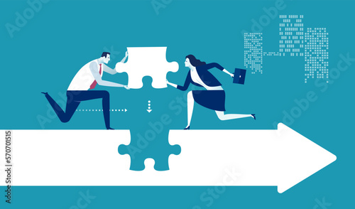 The Final Piece. The couple lays down the last piece of the puzzle creating arrow forward. Business illustration.