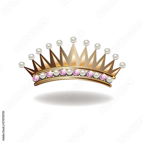 Golden princess crown or tiara with pearls and pink gems. Vector illustration of a beautiful princess jewel on a white background.