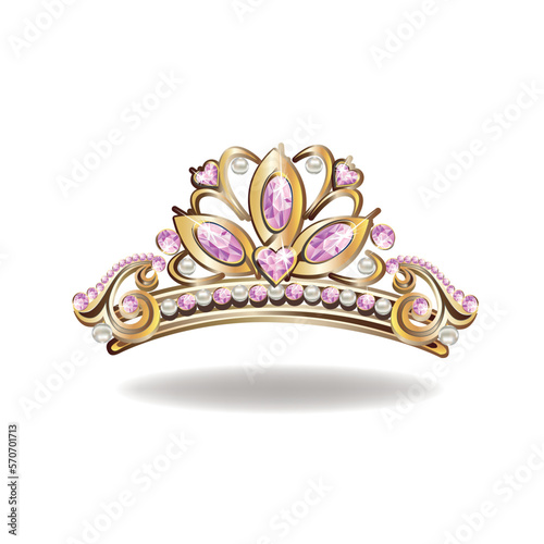 Golden princess crown or tiara with pearls and pink gems. Vector illustration of a beautiful princess jewel on a white background.