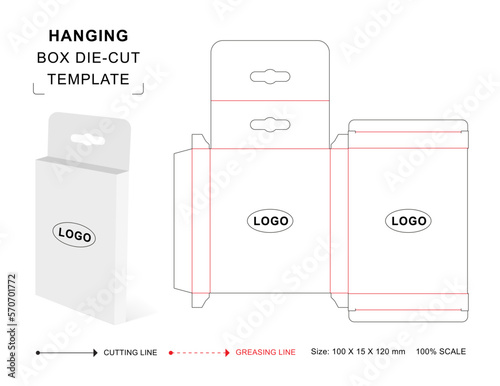 Hanging retail packaging die cut template with 3D blank vector mockup