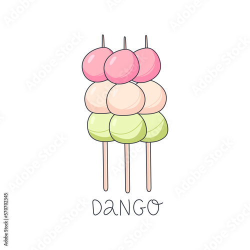 Sweet mochi, dango. Japanese traditional food vector illustration. Japanese asian sweets. Perfect for used for cafe, bakery, menu, banner, sweet food, dessert concept. Draw in doodle style.