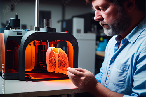 Organ 3D printing technology for transplantation of human internals - artificial heart implant with modern innovations. Medical engineer using 3d printer for liver printed. The engineer demonstrates photo