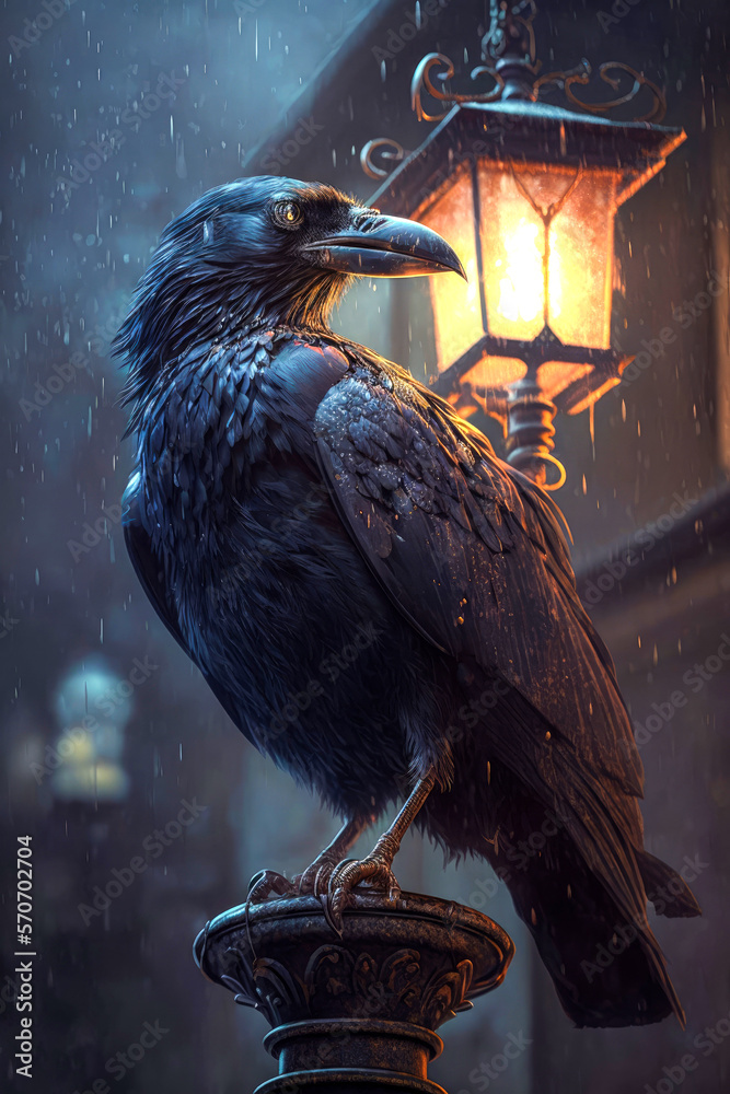 Stockillustratie Raven sitting on an old street lamp at dusk and flickering  light. A diffuse city backdrop in the background. Generative AI | Adobe  Stock