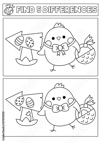 Easter black and white kawaii find differences game. Coloring page with cute chicken going on egg hunt with basket. Spring holiday puzzle or activity for kids. Printable what is different worksheet.