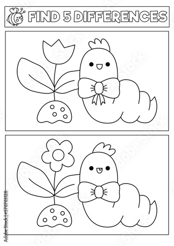 Garden black and white kawaii find differences game. Coloring page with cute warm, flower sprout. Spring holiday puzzle for kids with funny character. Printable what is different worksheet.