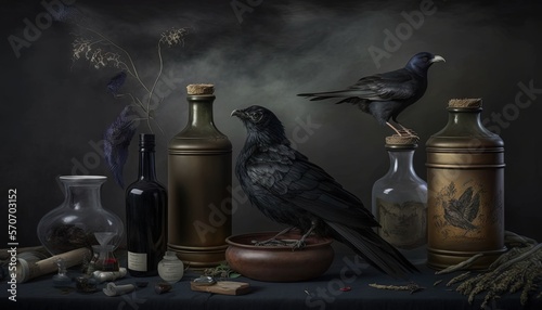  a painting of a crow sitting on top of a table next to bottles and a bowl with a crow on it and other items around it.
