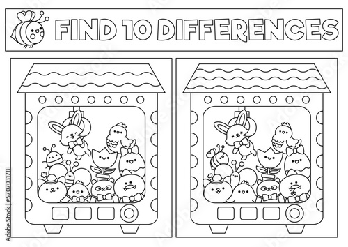 Easter black and white kawaii find differences game. Coloring page with cute animals in toy vending machine. Spring holiday puzzle or activity for kids with characters. What is different worksheet.