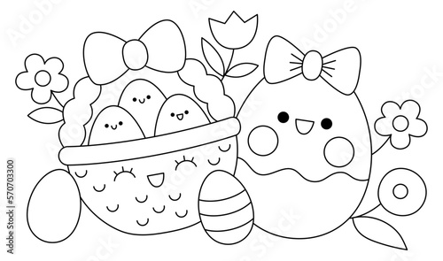 Vector black and white Easter horizontal scene with smiling egg and basket. Cute kawaii holiday composition. Spring cartoon icon. Holiday coloring page with first flowers.