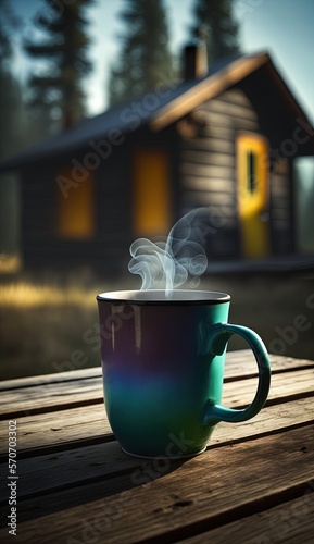  a coffee cup with steam rising out of it on a wooden table outside a log cabin with a cabin in the background and a cabin in the distance.