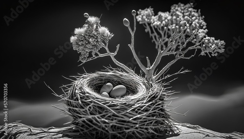  a bird's nest with eggs in it on top of a tree branch in a black and white photo with a dark sky in the background.