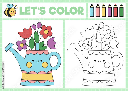 Garden coloring page for children with cute kawaii bunny in envelope with flowers. Vector spring holiday outline illustration. Easter color book for kids. Drawing skills printable worksheet.