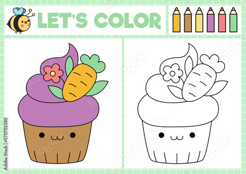 Easter coloring page for children with cute kawaii cupcake with carrot. Vector spring holiday outline illustration. Color book for kids with colored example. Drawing skills printable worksheet.