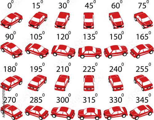 A set of 24 logo cars from different angles. Rotation of the car in logo style by 15 degrees for animation.  