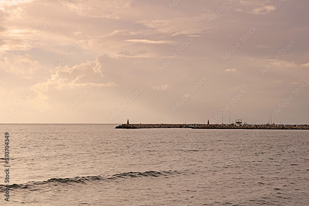 Sunrise in the morning in Larnaca, Cyprus. View of pier and the Mediterranean Sea