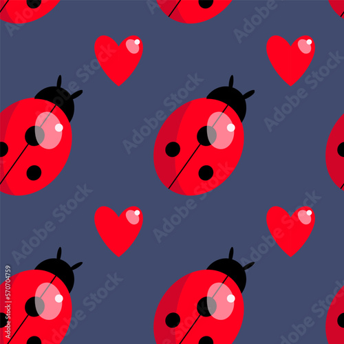 Ladybirds and hearts pattern. Colourfl bug ornament. Red hearts photo