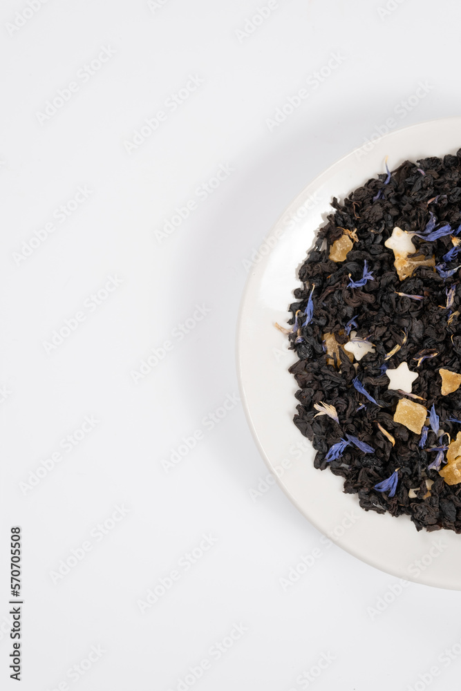 Black tea top view on white background Black tea top view on white background