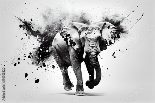 Abstraktes schwarz weißes Elefanten Kunstwerk mit Farbspritzer isoliert auf weißen Hintergrund. Perfektes Wandbild - Generative Ai photo