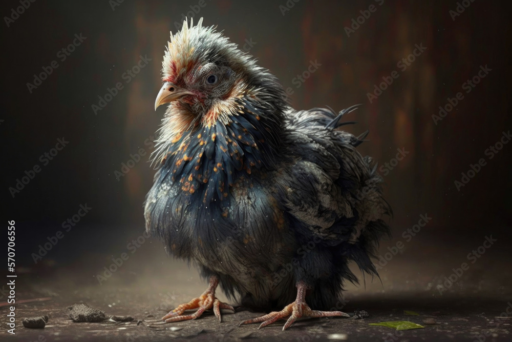 Sick chicken. Avian influenza bird flu concept created with Generative AI technology.