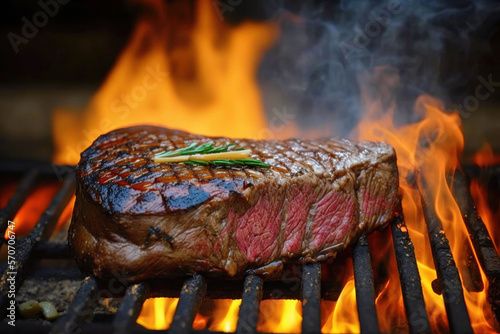 Tasty Beef Steak on grill grate with fire. Close-up view. Created with Generative AI technology.