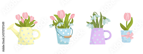 Set of bouquets with spring flowers tulip,snowdrop,crocuses in vintage vases.Cartoon vector graphic.