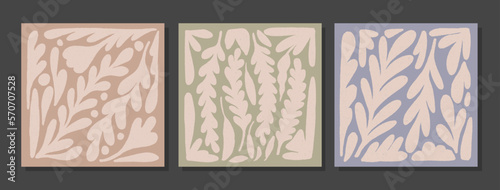 Set of wall art with plants silhouettes. Collage with curly branches with grunge texture. Retro style abstract minimalist art mural illustration. Collection of simple floral patterns