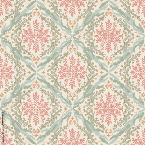 Soft pastel fresh seamless ornamental damask arabesque pattern tile design in Spring colors. Great for textiles  wallpapers  fashion  scarves  gift wraps  scrapbooks  backgrounds  and more.