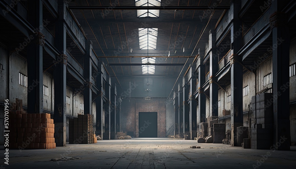  a large warehouse with lots of boxes and a door in the middle of the floor and a skylight in the middle of the room.
