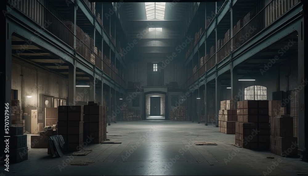 a large warehouse with a lot of boxes on the floor and a light coming from the window above the door that is lit by a lamp. a large warehouse with a lot of boxes on the floor and a light coming from the window above the door that is lit by a lamp.