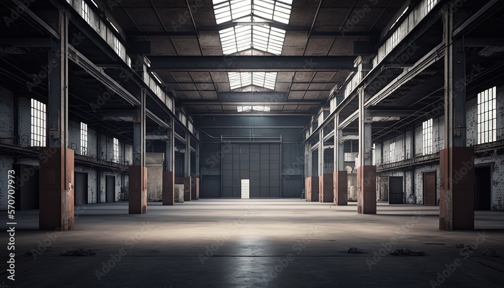  an empty warehouse with no people or vehicles inside of the building and a skylight above the door and windows on the second floor of the building.