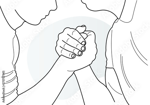 Sketch drawing in arm wrestling, powerful handshake. Muscular strong people, men, male. Two muscular arms that are wrestling.