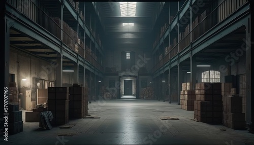  a large warehouse with a lot of boxes on the floor and a light coming from the window above the door that is lit by a lamp.