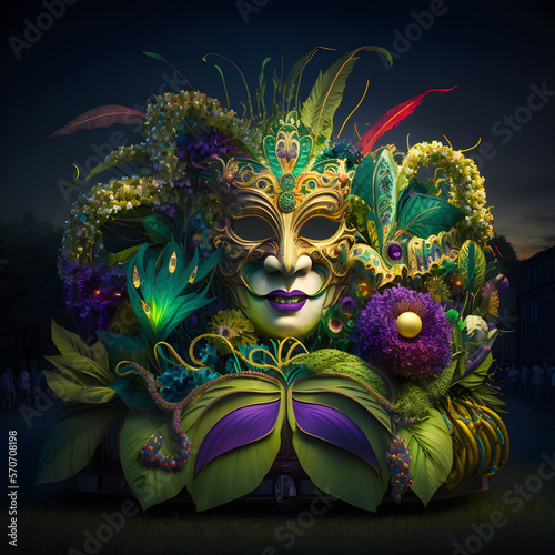 Mardi Gras Float, an elaborate and colorful float often seen in Mardi Gras parades, decorated with flowers, and lights. Generative AI