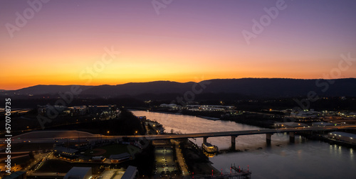 Aerial view of sunset over Tennessee River over Downtown Chattanooga © Allen.G