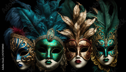 mardi gras masks with colored plumage, Generative AI carnival venetian masks illustration © stock_santa