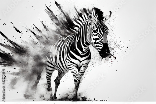 Abstraktes schwarz wei  es Zebra Kunstwerk mit Farbspritzer isoliert auf wei  en Hintergrund. Perfektes Wandbild - Generative Ai