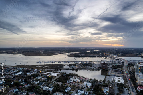 Aerial view of sunset over Charleston, South Carolina and James Island