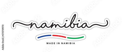 Made in Namibia, new modern handwritten typography calligraphic logo sticker, abstract Namibia flag ribbon banner