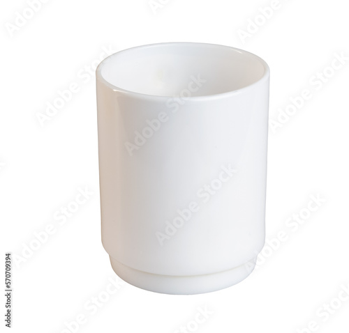 White cup on a white background. Side view. 